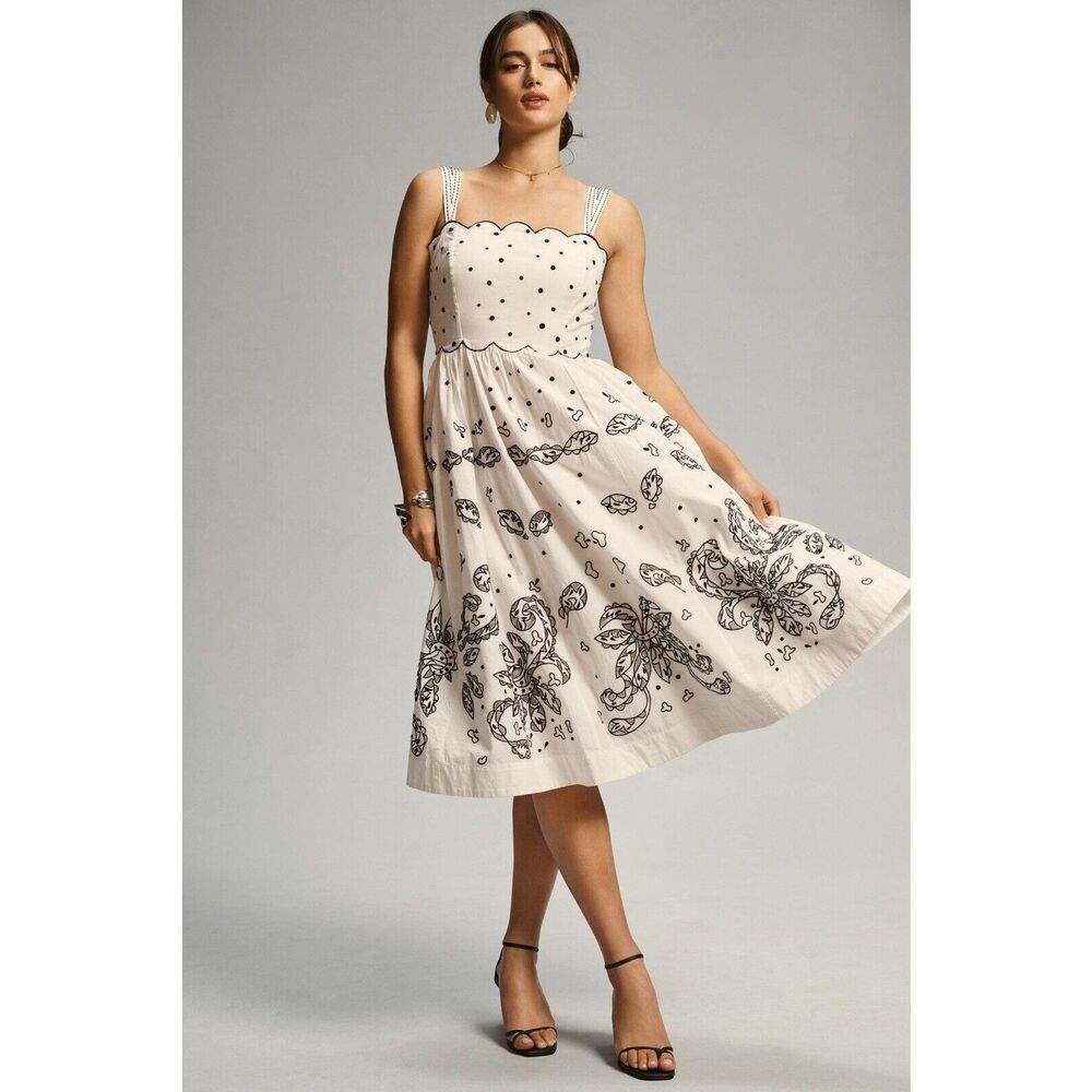 New Anthropologie Square-Neck Embroidered Midi Dress Size Small